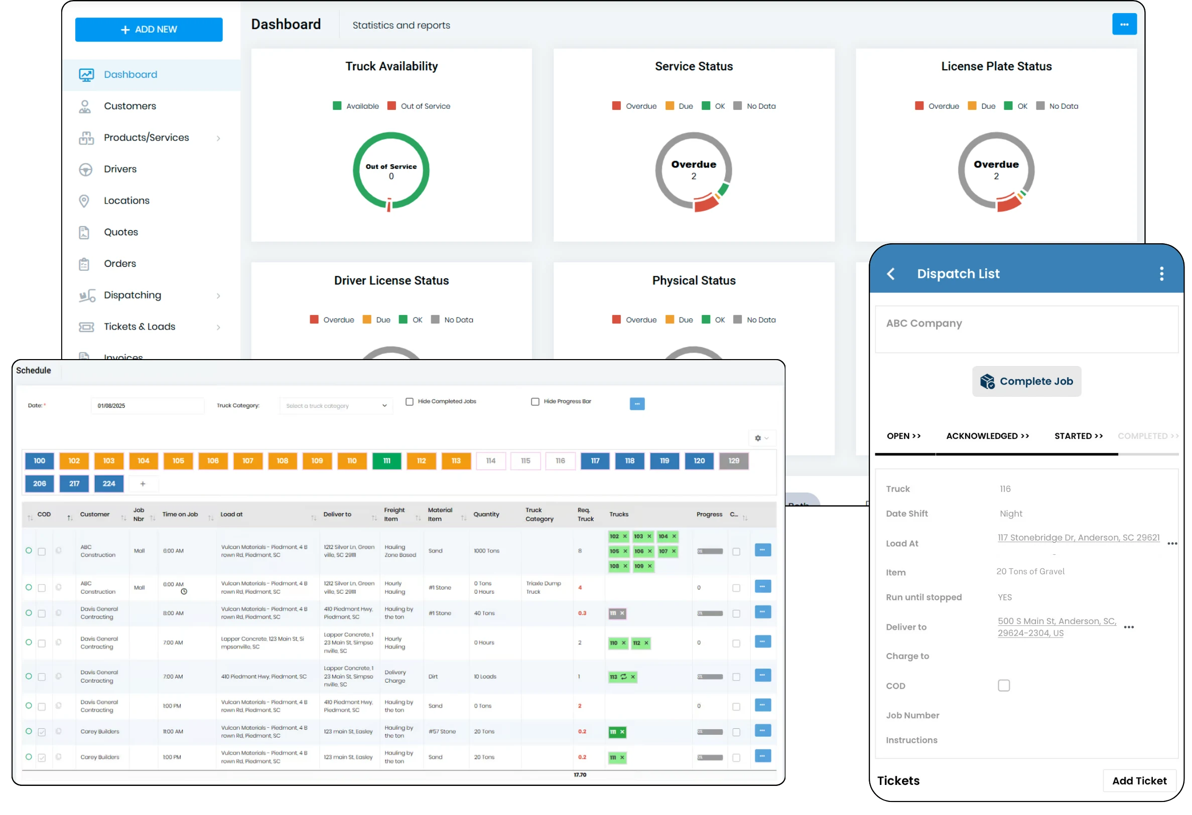 Dump truck dispatcher dashboard