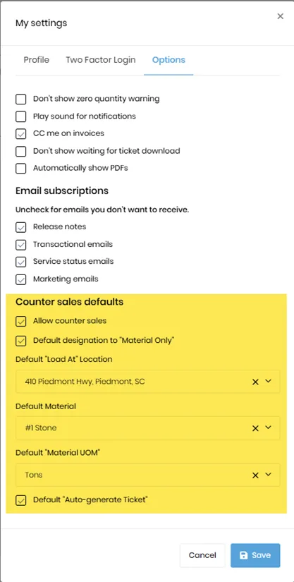 Counter Sales User Settings