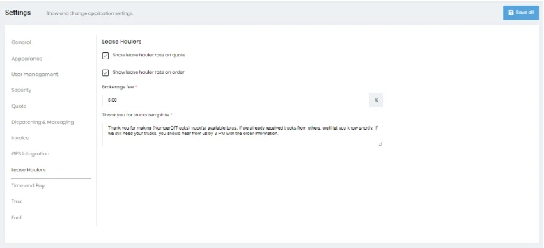 LEASE hauler settings image
