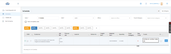 LH Schedule Showing Assigned Truck